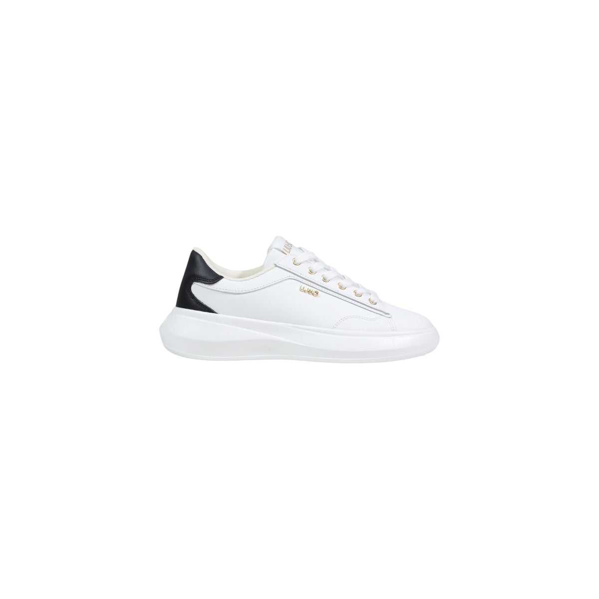 Image 1 : Sneakers Liu Jo femme blanches vue de profil gauche, contrefort noir, logo doré et semelle plateforme blanche — Delvale