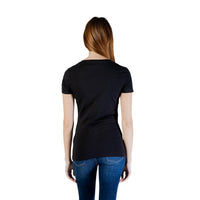 Image 3 : Vue de face du t-shirt Guess femme noir imprimé, coupe ajustée et manches courtes — delvale