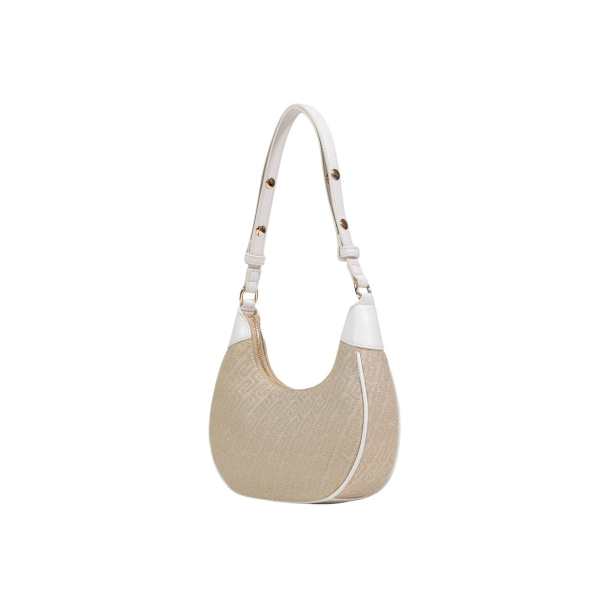 Image 4 : Vue de trois quarts du sac hobo Liu Jo Milano monogramme beige, structure arrondie et quincaillerie dorée — Delvale