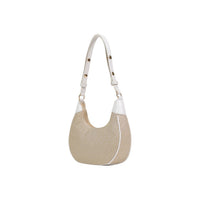 Image 4 : Vue de trois quarts du sac hobo Liu Jo Milano monogramme beige, structure arrondie et quincaillerie dorée — Delvale