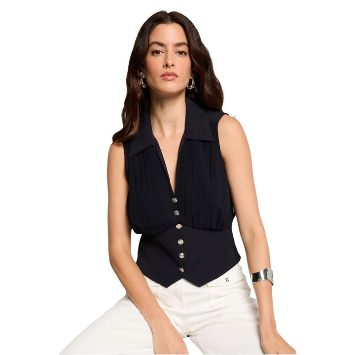 Image 1 : Blouse Morgan De Toi femme bleue sans manches avec col V profond et fermeture boutonnée — delvale