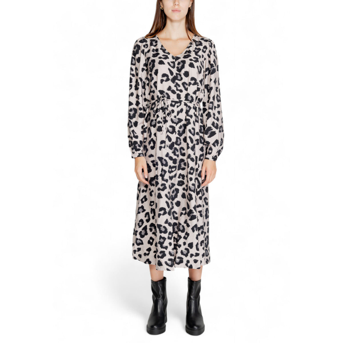 Image 1 : Robe Jacqueline De Yong gris motif léopard manches longues col V — delvale