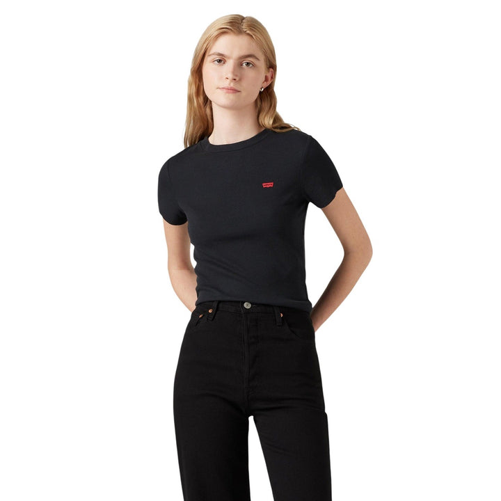 Image 1 : T-shirt Levi's femme noir à col rond et manches courtes en coton stretch — Delvale