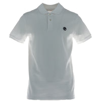 Image 1 : Polo homme Timberland blanc à manches courtes avec logo arbre brodé marine sur la poitrine gauche, vue de face — Delvale
