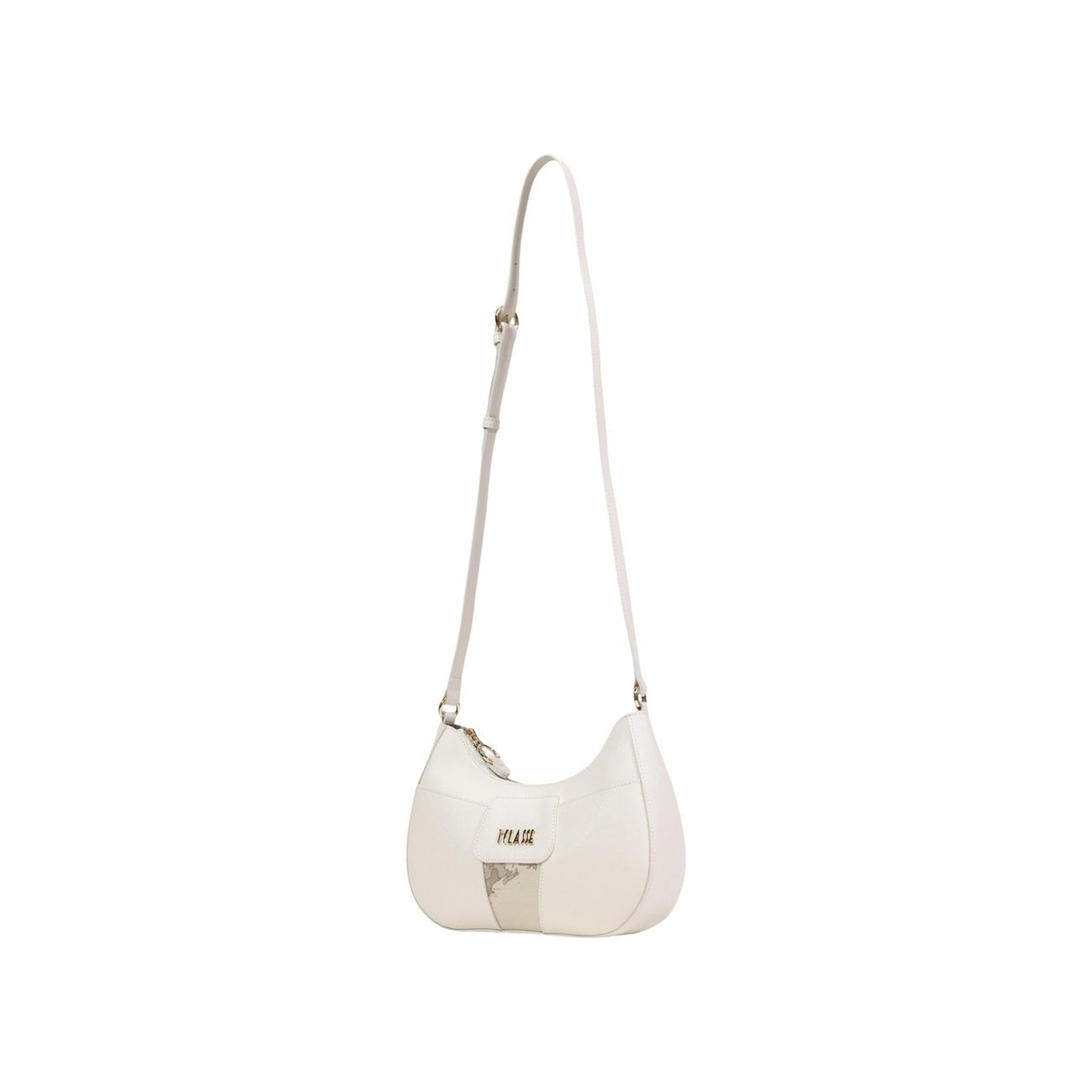 Image 3 : Sac bandoulière Prima Classe femme blanc ivoire, silhouette demi-lune et motif géo cartographique signature Alviero Martini, vue d'ensemble avec bandoulière déployée — Delvale