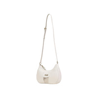 Image 3 : Sac bandoulière Prima Classe femme blanc ivoire, silhouette demi-lune et motif géo cartographique signature Alviero Martini, vue d'ensemble avec bandoulière déployée — Delvale