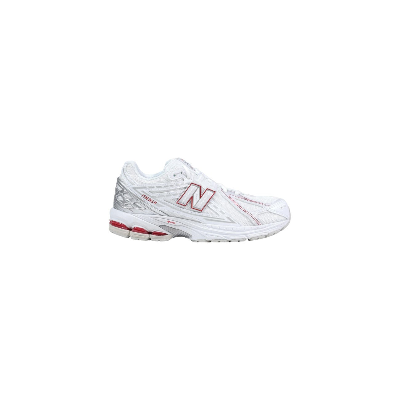 New Balance 1906R blanche avec touches rouges et détails argentés vue de profil extérieur