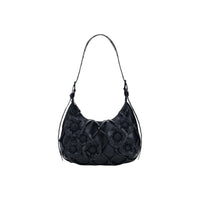 Image 1 : Sac hobo Desigual noir matelassé losanges avec appliques roses sculptées et anse fine — delvale