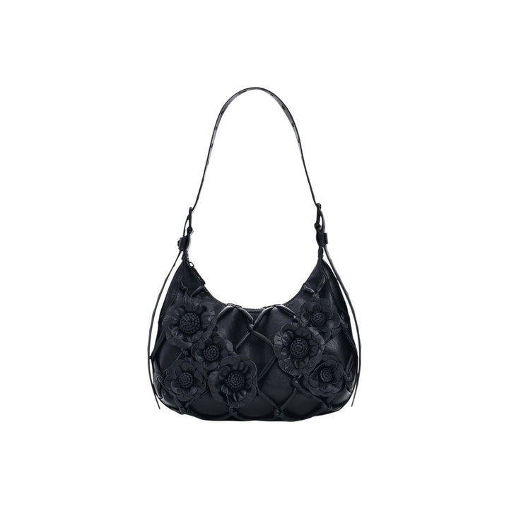 Image 1 : Sac hobo Desigual noir matelassé losanges avec appliques roses sculptées et anse fine — delvale