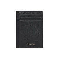 Image 1 : Porte-cartes Calvin Klein en cuir grainé noir, vue de face avec logo argenté, modèle ultra-plat — Delvale