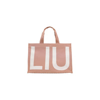 Image 1 : Tote bag Liu Jo monogram logo oversize rose poudré, vue de face avec doubles poignées — Delvale