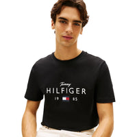 Image 3 : Détail du logo Tommy Hilfiger imprimé sur t-shirt noir homme, inscription Hilfiger et drapeau iconique rouge blanc bleu — Delvale