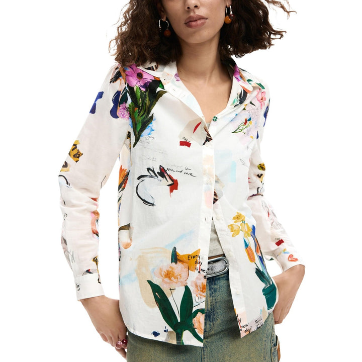 Image 1 : Chemise Desigual femme blanche à motif floral avec manches longues et fermeture boutonnée — delvale