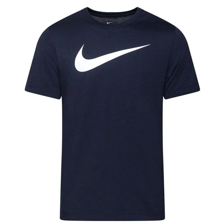 Image 1 : T-shirt Nike homme bleu marine avec grand logo Swoosh blanc imprimé sur la poitrine, vue de face — Delvale