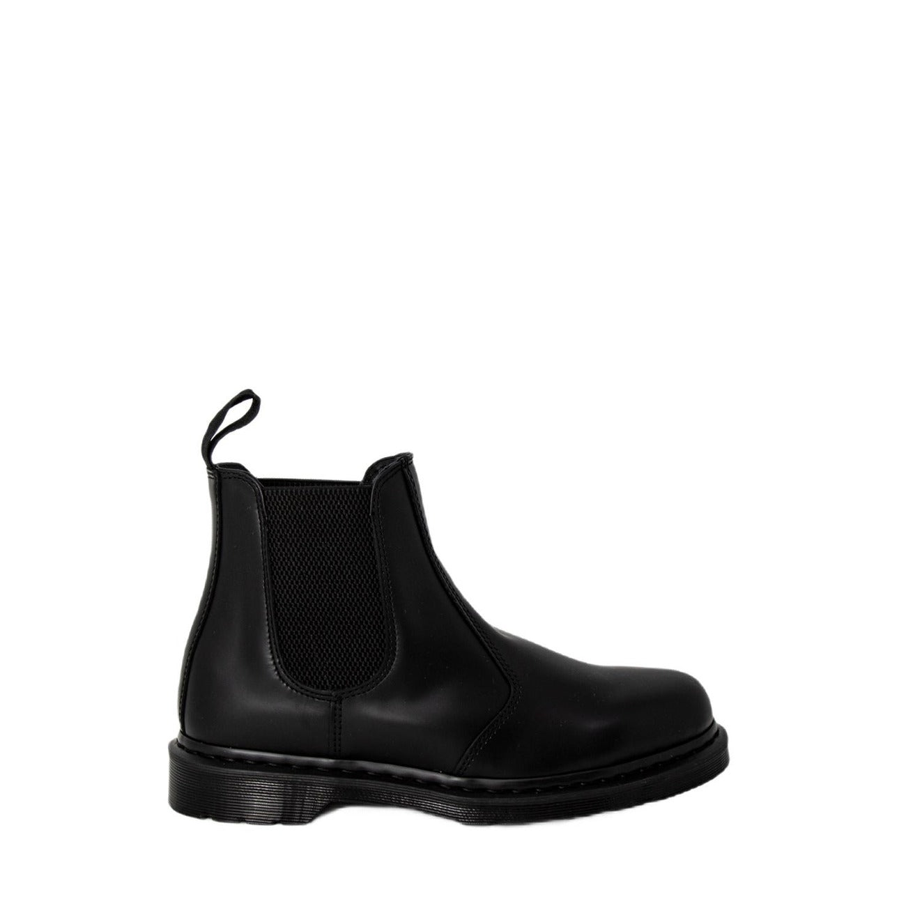 Dr. Martens 2976 Mono noire, vue de profil latéral, bottine Chelsea en cuir noir avec empiècement élastique.