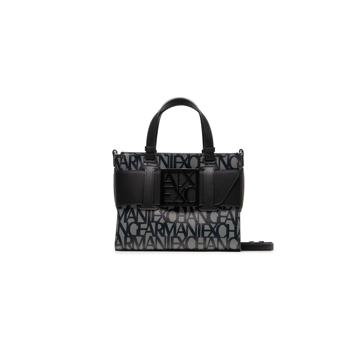 Image 4 : Vue d'ensemble du sac à main Armani Exchange femme jacquard texte allover, fond blanc, style éditorial — Delvale