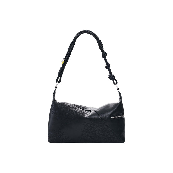 Image 1 : Sac baguette Desigual noir bimatière avec motif floral gaufré et anse tressée nouée — delvale
