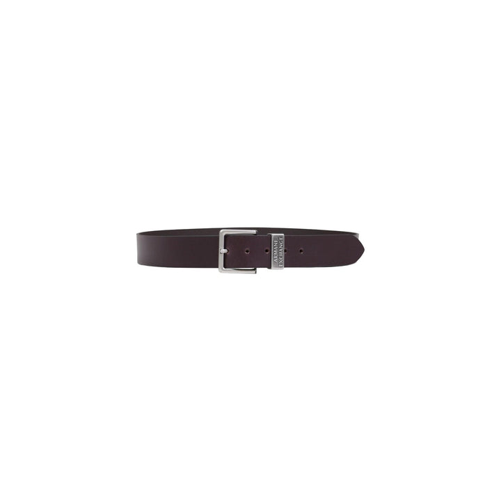 Image 1 : Ceinture Armani Exchange homme en cuir marron avec boucle carrée argentée et plaque logo AX, vue de face — Delvale