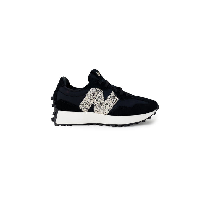 Image 1 : New Balance 327 femme noire avec logo N imprimé léopard crème, vue de profil — delvale