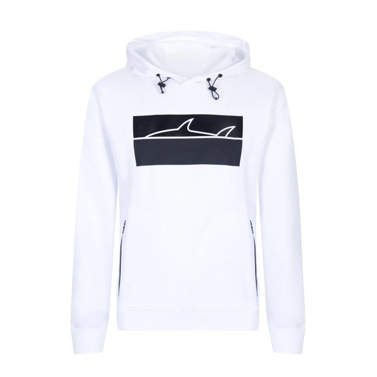 Sweat capuche Paul & Shark homme blanc, imprimé bloc bicolore logo requin blanc centré poitrine, poches zippées, fond blanc — Delvale