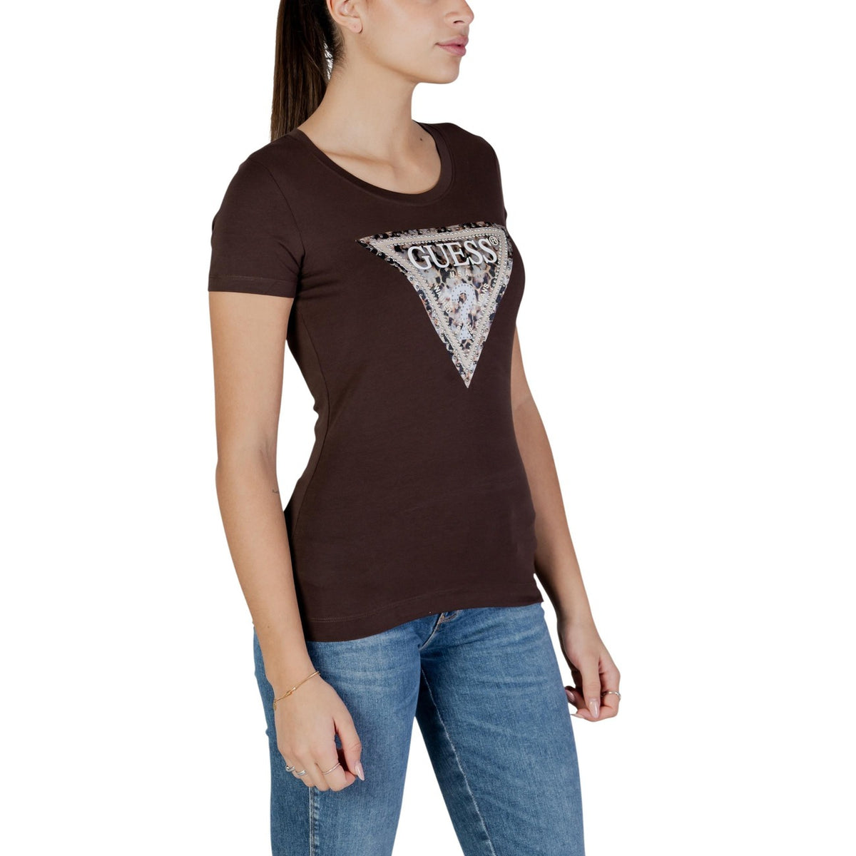 Image 3 : Vue face t-shirt Guess femme marron imprimé coupe moderne — delvale