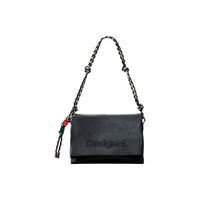 Image 1 : Sac à main Desigual femme noir enveloppe logo gaufré en pleine face, anse corde tressée bicolore noir et blanc avec nœuds, breloque latérale rouge et vert — vue face — Delvale