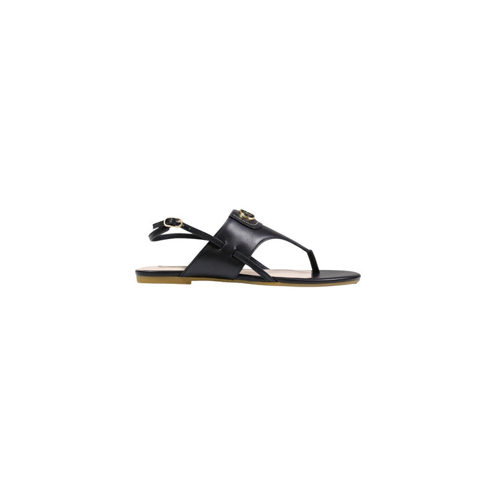 Image 1 : Sandale plate Liu Jo femme en cuir noir, vue de profil, clip toe et bride slingback dorée — Delvale