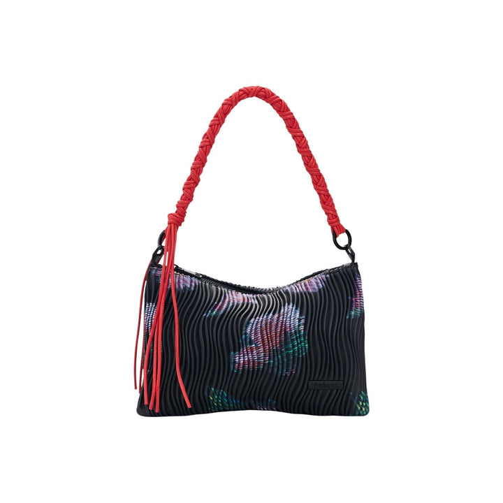 Image 1 : Sac à main Desigual femme noir surface ondulée relief motif floral irisé rose mauve vert anse tressée rouge franges vue de face — Delvale