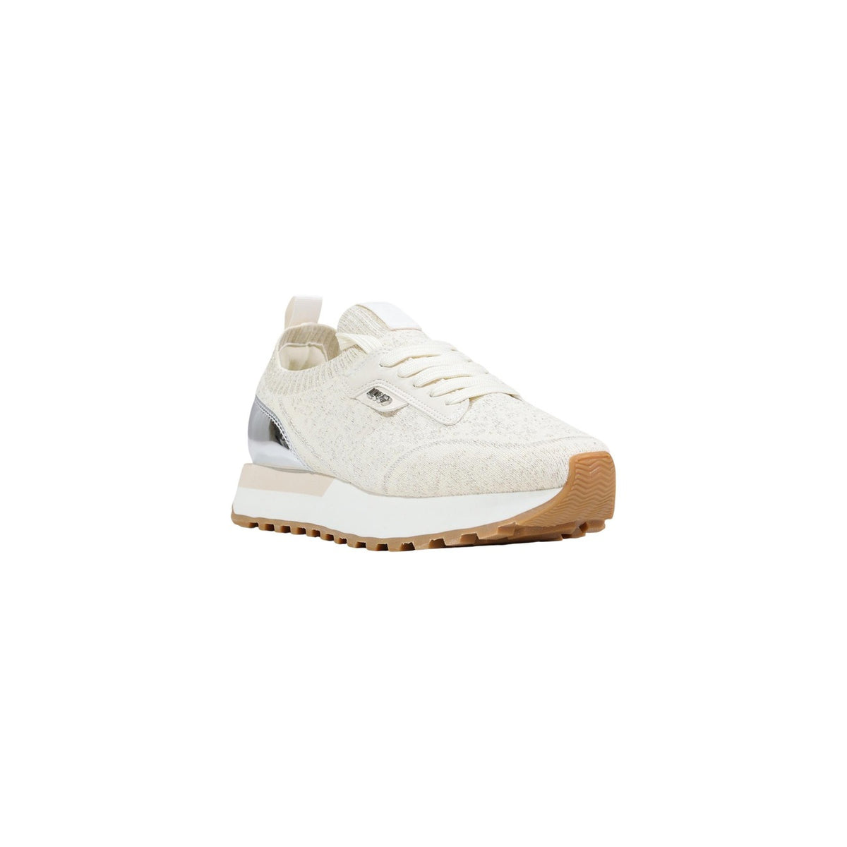 Image 2 : Basket femme Liu Jo beige knit, détail de la languette intégrée et des lacets plats, semelle épaisse blanche et gomme caramel — Delvale