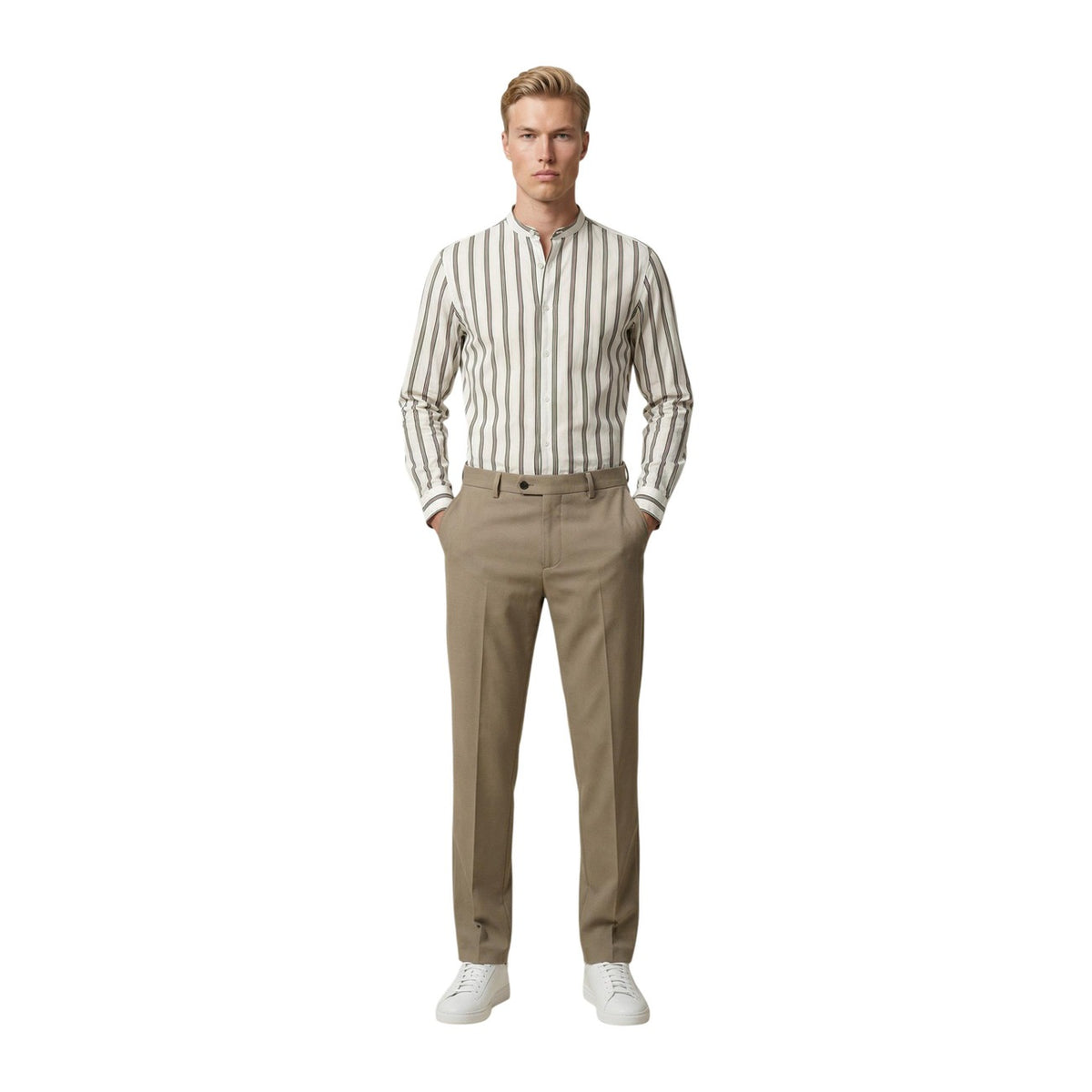 Image 5 : Chemise homme Gianni Lupo blanc rayures col Mao portée en tenue casual — delvale
