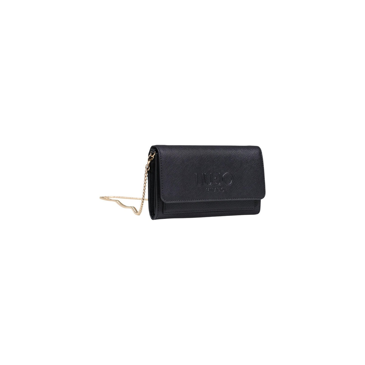 Image 2 : Détail du logo Liu Jo Milano embossé sur pochette noire avec bandoulière chaîne métal dorée — Delvale