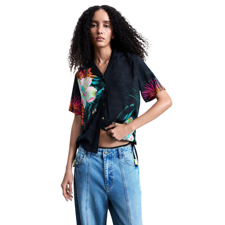 Image 1 : Chemise Desigual femme noire à motif floral avec col V et manches courtes — Delvale