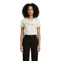 Image 1 : T-shirt Guess Active femme beige avec broderie signature cursive caramel sur le devant — delvale