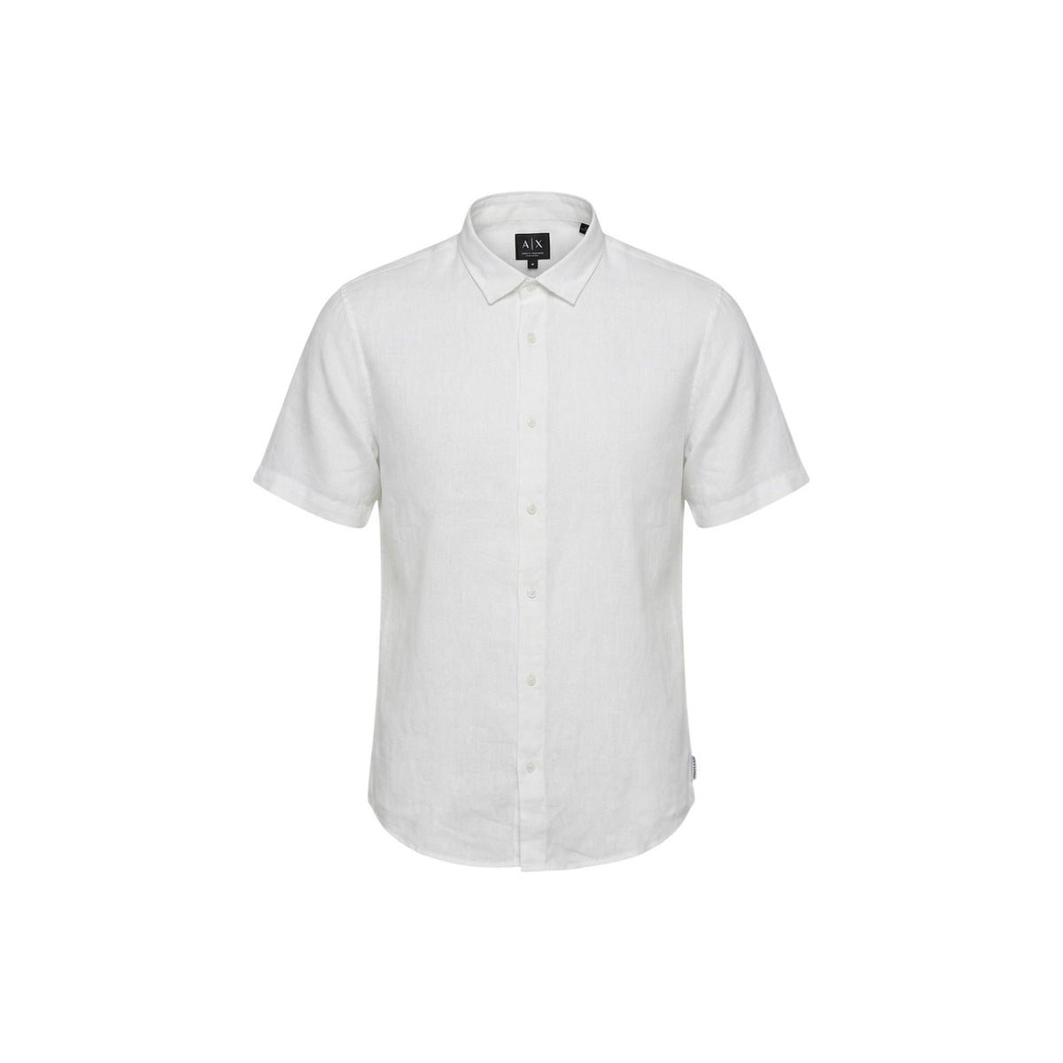 Chemise Armani Exchange blanc lin à plat — détail col et matière lin naturel