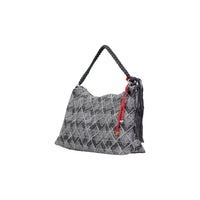 Image 2 : Desigual grand sac hobo femme gris anthracite délavé motif losanges chevrons surpiqués anse tressée noire pompon lien rouge — vue trois quarts — Delvale