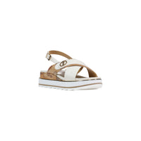 Image 2 : Sandales Alviero Martini Prima Classe femme à plateforme imprimée cartina, bride arrière dorée et médaillon logo, vue latérale gauche — Delvale