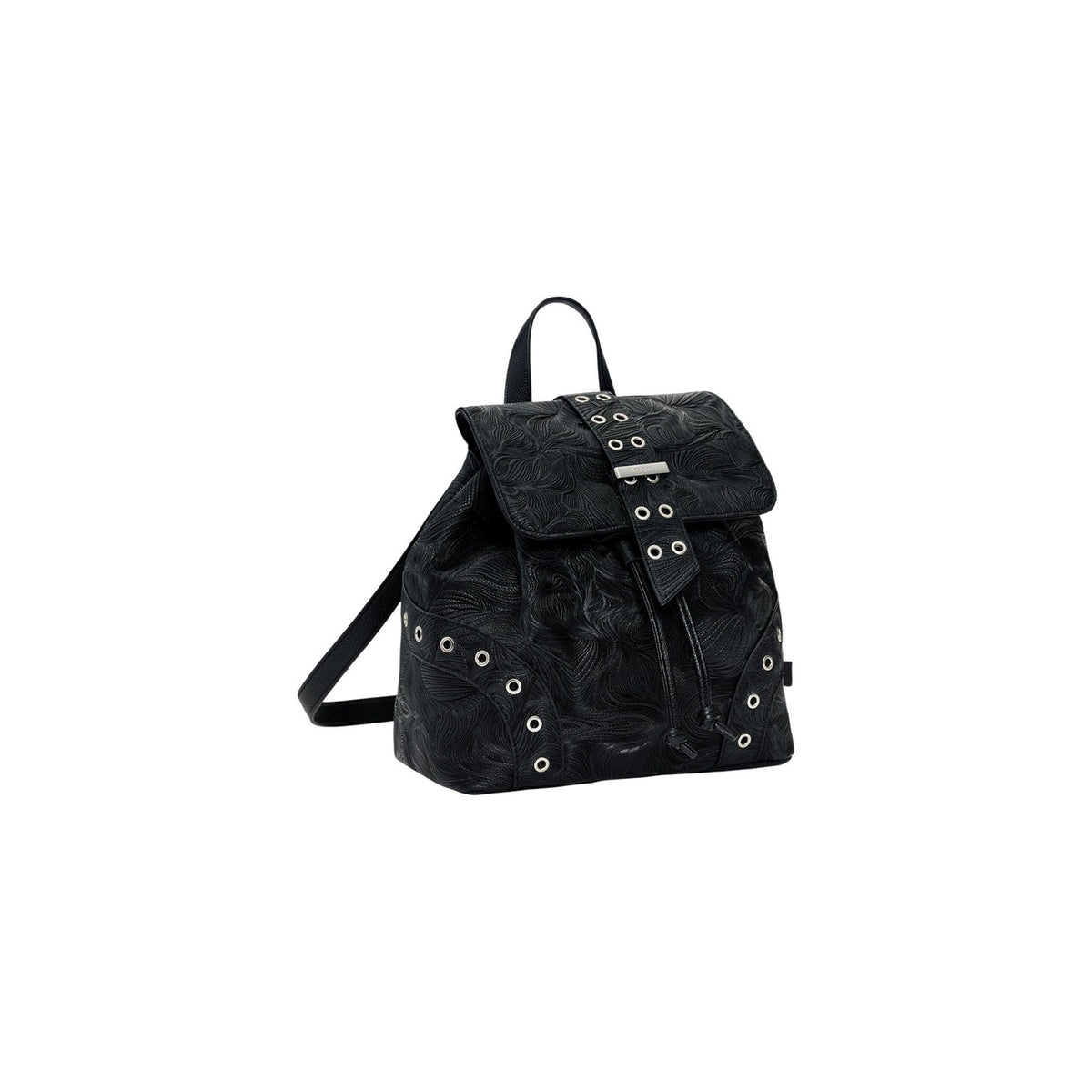 Image 2 : Détail du motif botanique gaufré et finitions métal argentées du sac à dos Desigual noir — delvale