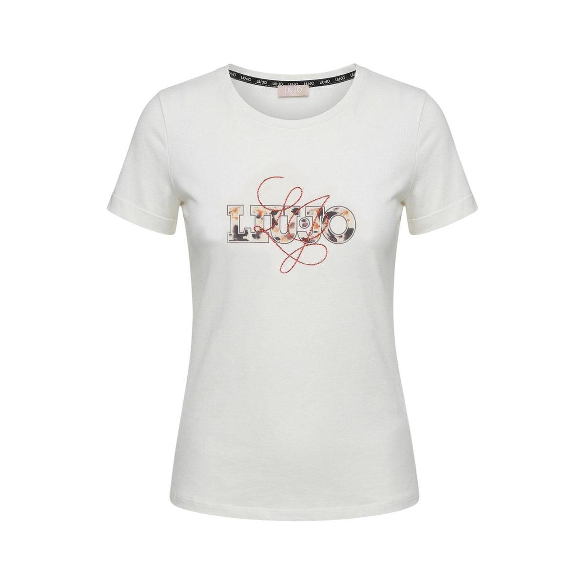 Image 2 : T-shirt Liu Jo femme beige avec logo fleuri sur la poitrine, encolure ronde et manches courtes — Delvale