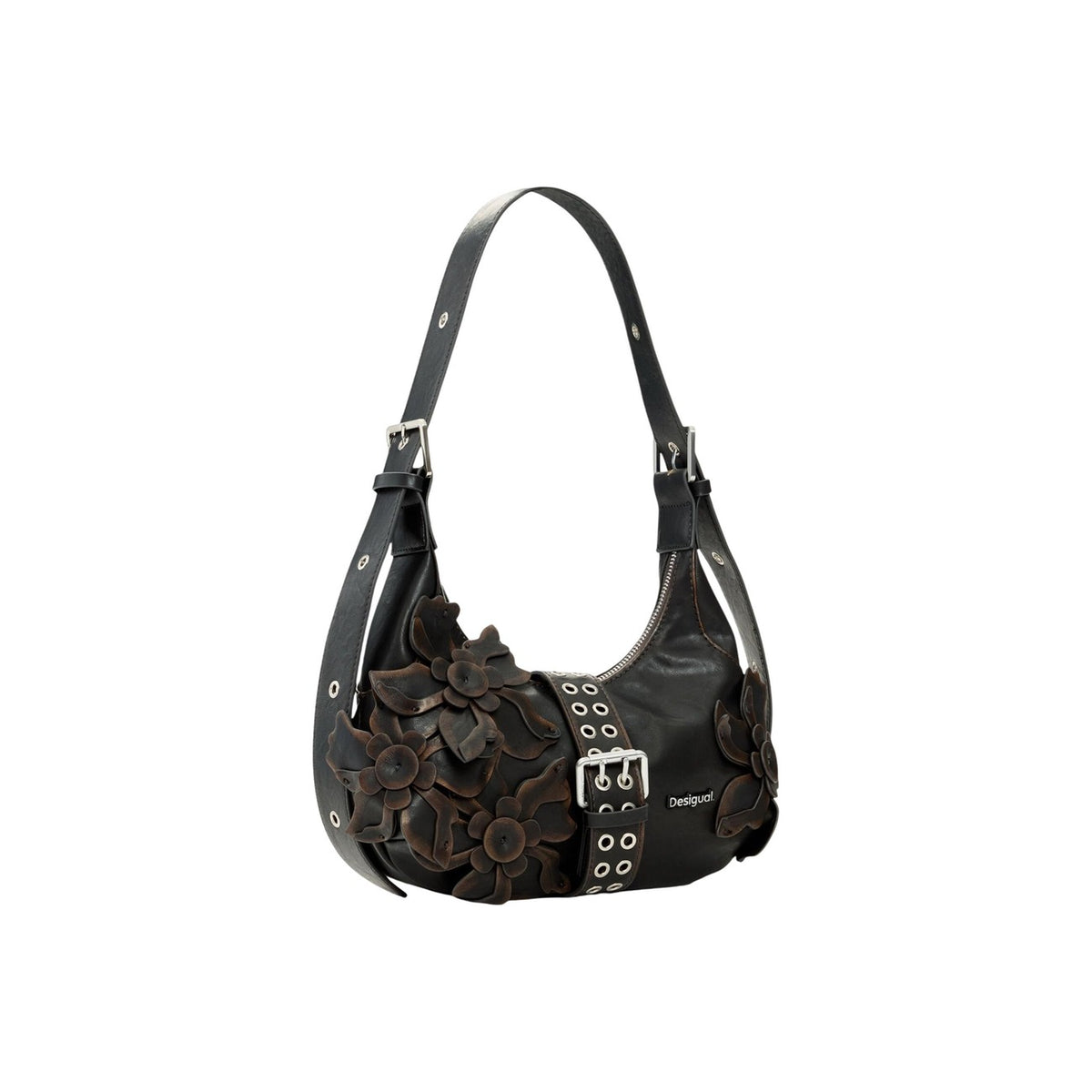Image 2 : Détail appliques florales volumineuses sac hobo Desigual marron chocolat — delvale