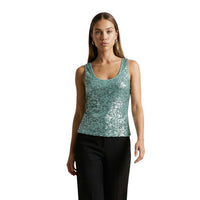 Image 5 : Look complet avec le top pailleté sans manches Artigli femme brun chocolat associé à un pantalon tailleur beige, style chic tendance — Delvale