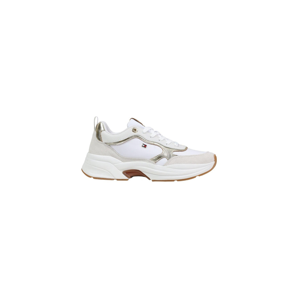 Image 1 : Baskets femme Tommy Hilfiger chunky blanches avec empiècements dorés métallisés et semelle compensée, vue de profil droit — Delvale