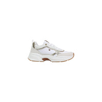 Image 1 : Baskets femme Tommy Hilfiger chunky blanches avec empiècements dorés métallisés et semelle compensée, vue de profil droit — Delvale