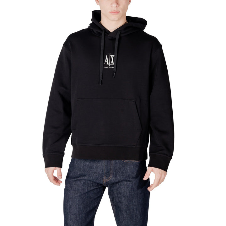 Sweat à capuche Armani Exchange homme noir de face, logo AX et Armani Exchange imprimés au centre de la poitrine