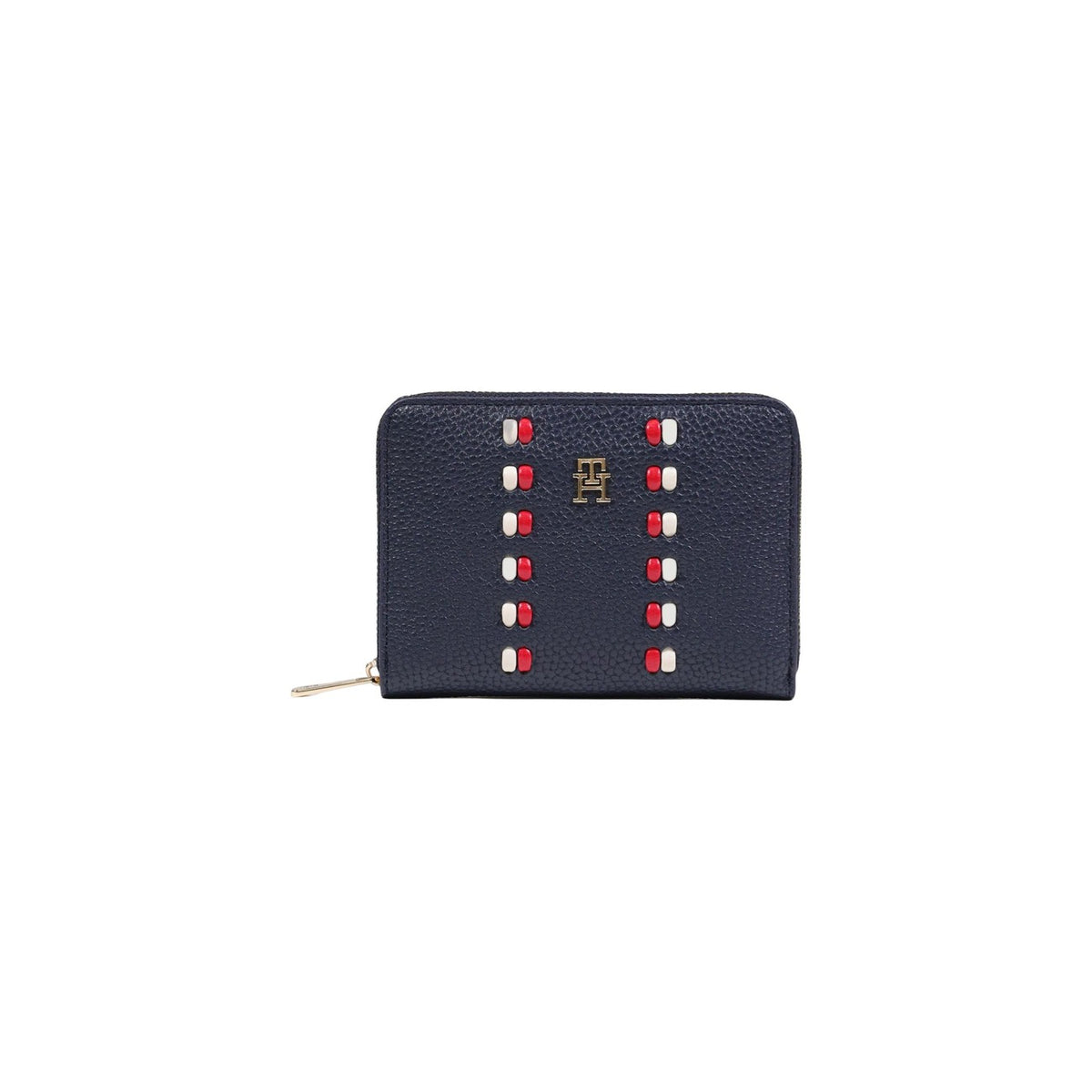 Image 1 : Portefeuille zippé Tommy Hilfiger femme en bleu marine avec ornements bicolores rouge et blanc et logo TH doré centré — Delvale