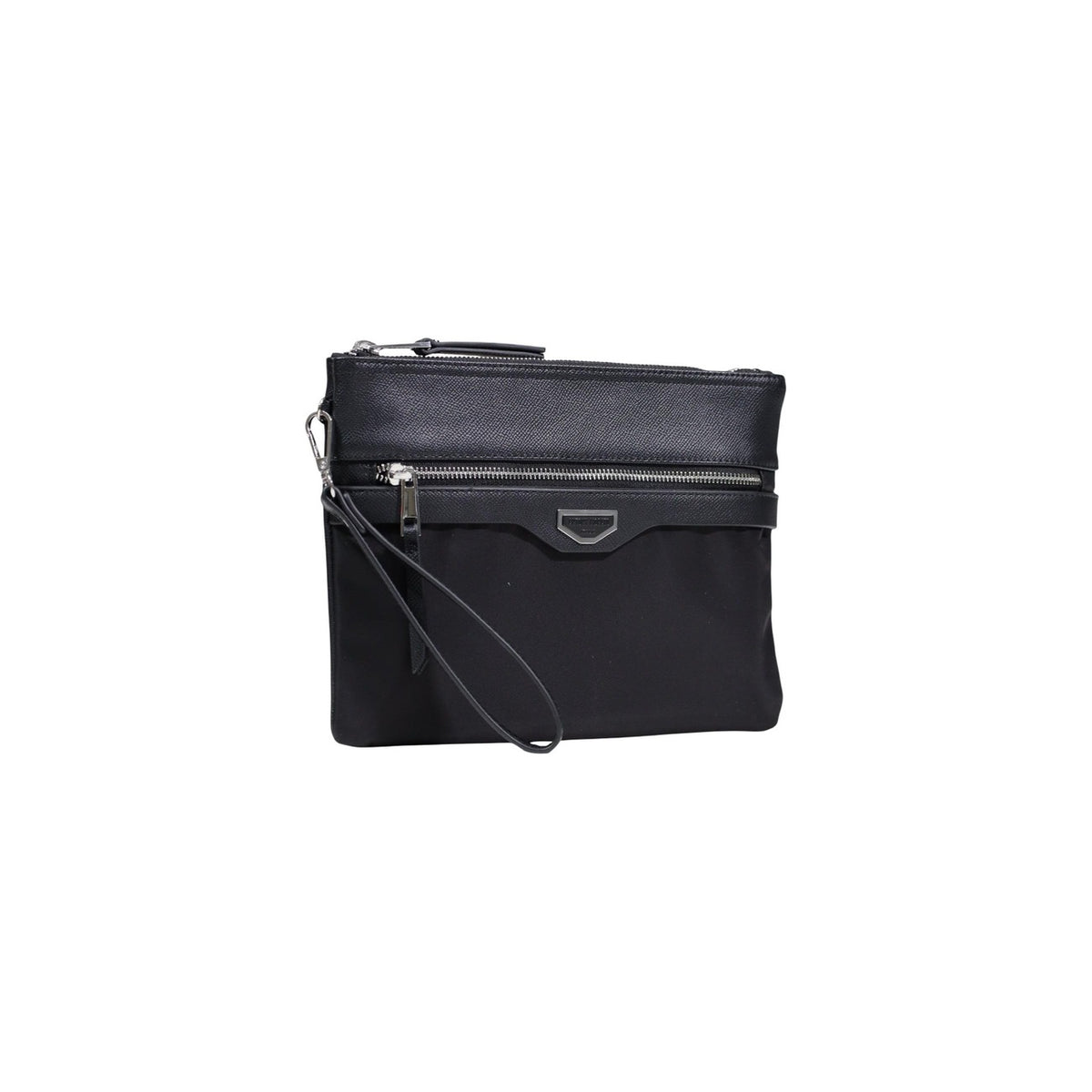 Pochette homme Antony Morato noire – vue de face avec poche zippée, plaque logo et dragonne