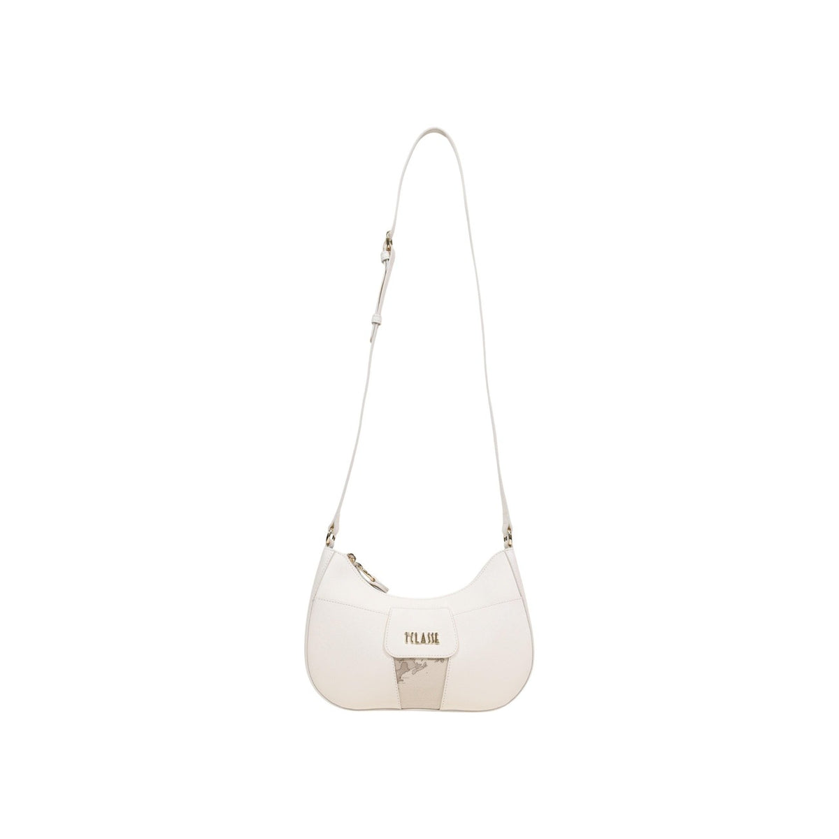 Image 1 : Sac bandoulière Alviero Martini Prima Classe blanc ivoire avec insert motif géo cartographique et logo doré en façade, vue de face sur fond blanc — Delvale