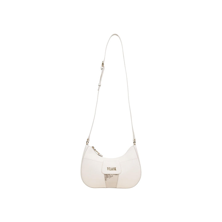 Image 1 : Sac bandoulière Alviero Martini Prima Classe blanc ivoire avec insert motif géo cartographique et logo doré en façade, vue de face sur fond blanc — Delvale