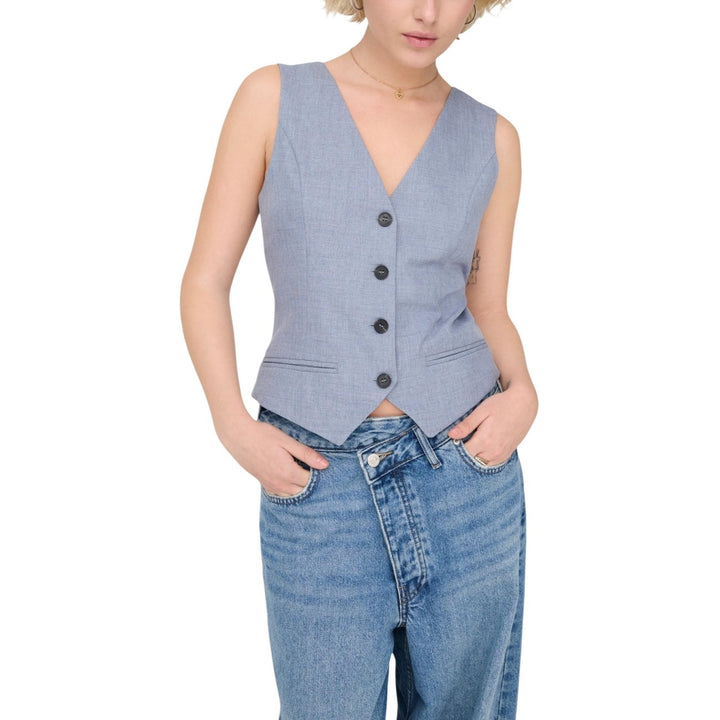 Image 1 : Gilet Only femme bleu azur sans manches col V profond vue de face — Delvale