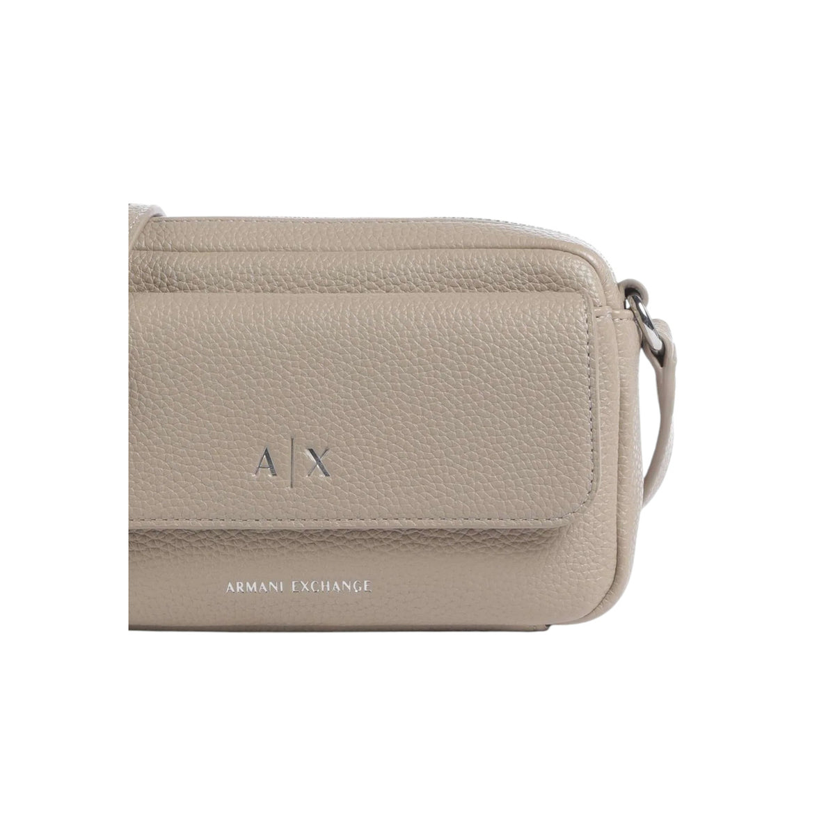 Image 2 : Vue de face du sac camera bag Armani Exchange beige avec poche frontale à rabat et inscription Armani Exchange — Delvale
