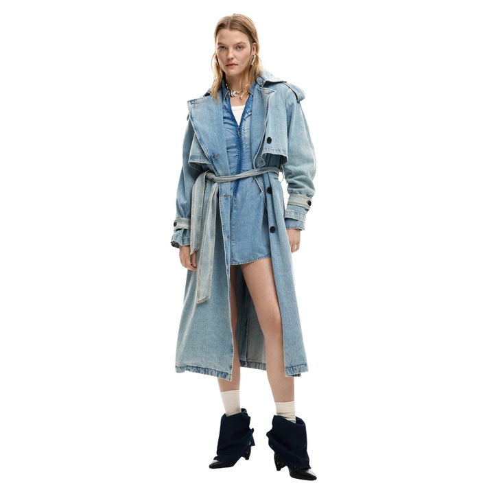 Image 1 : Veste Desigual femme bleu azur avec ceinture, col classique et manches longues — Delvale